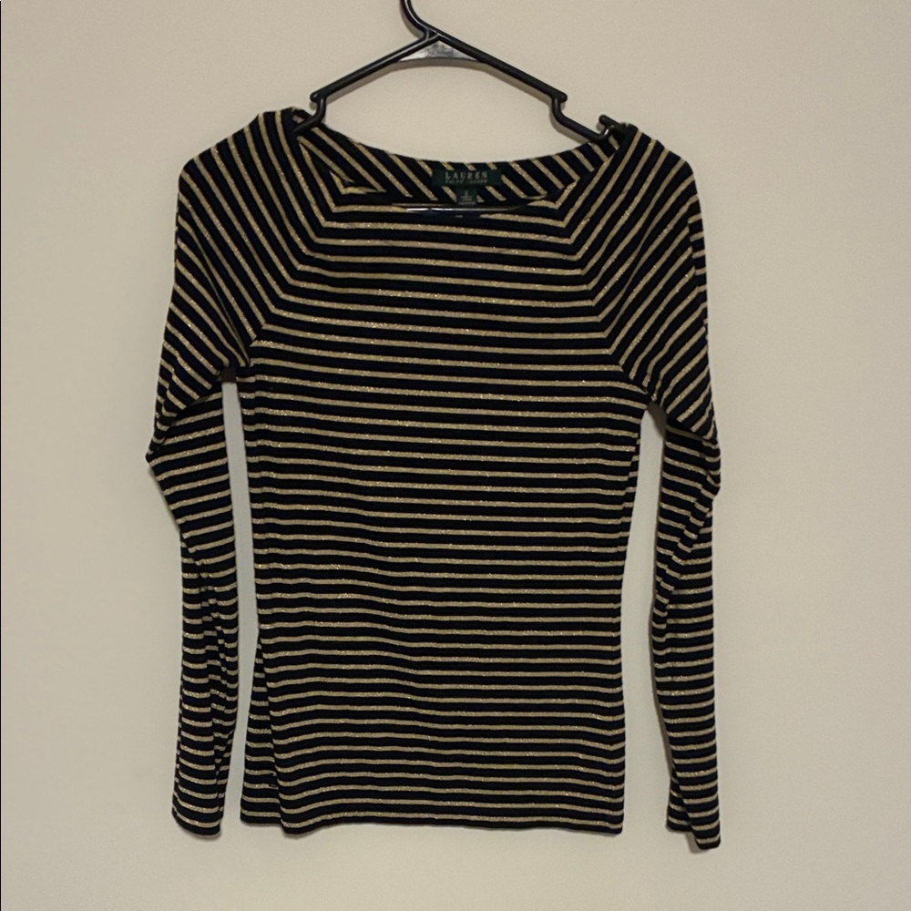 Ralph Lauren Women's Long Sleeve Top in Black and Gold Stripes